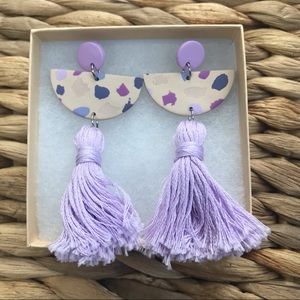 Lilac, blue, and cream dangle tassel earrings